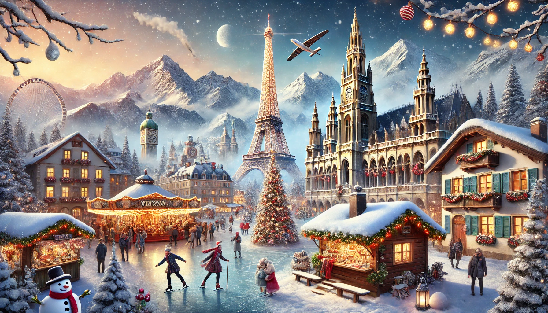 A realistic winter-themed cover image featuring iconic European landmarks such as the Eiffel Tower, a Christmas market in Vienna, and snow-covered Alp